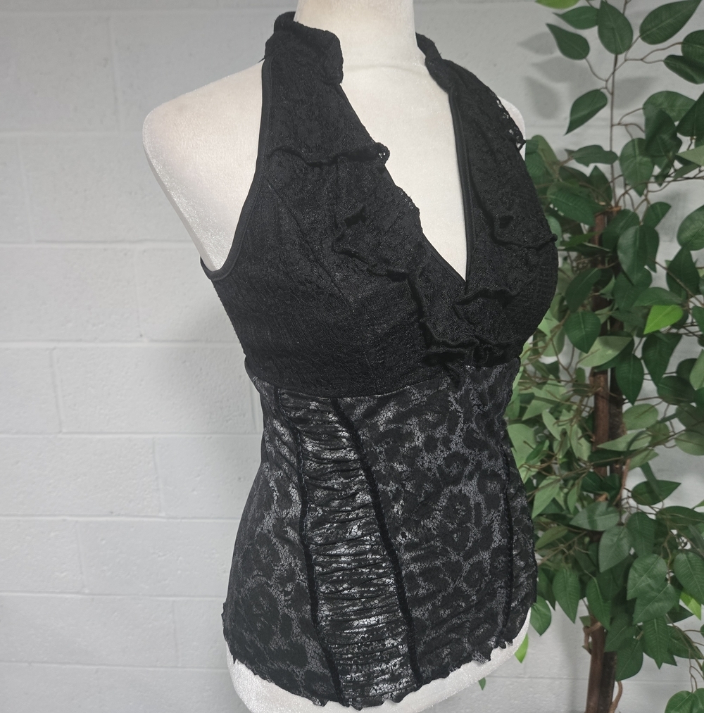 XOXO Y2K Lace Ruffled Stretch Ruched Sleeveless   Leopard Top Camisole Small